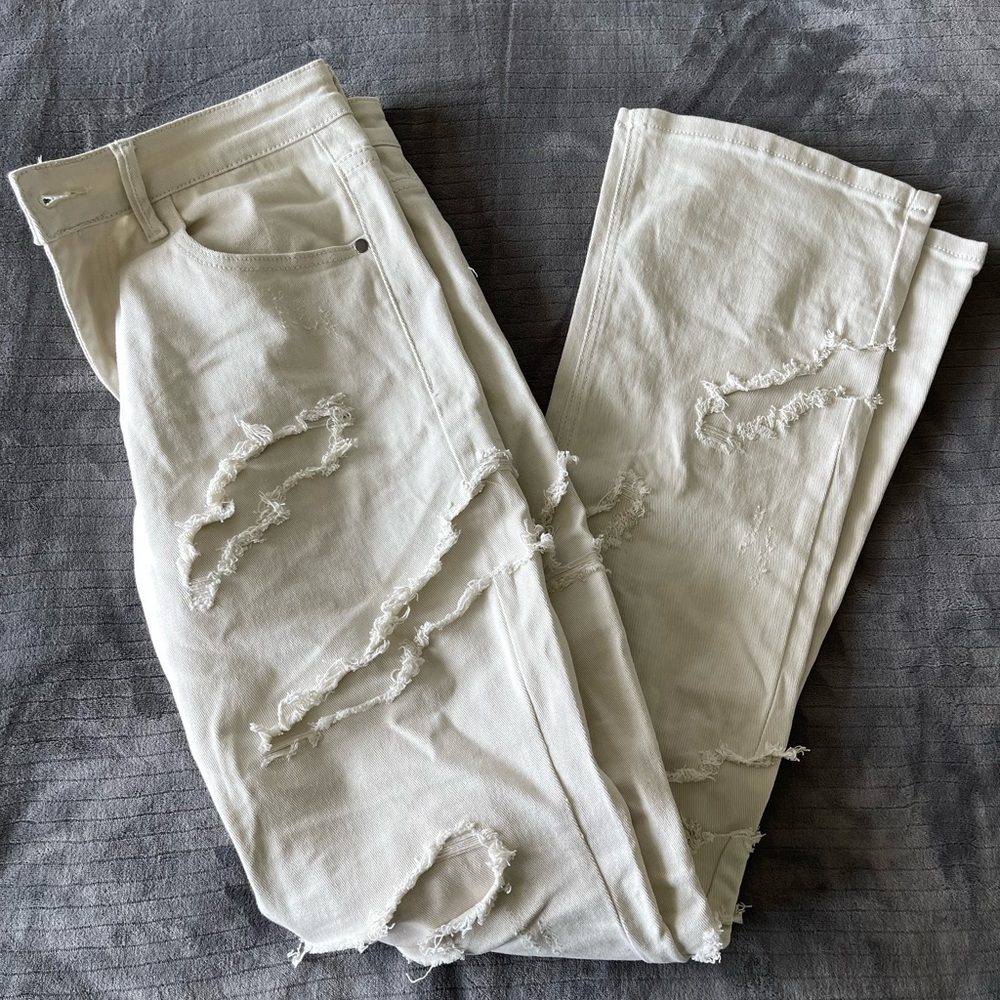 Mens Distressed Cream Jeans